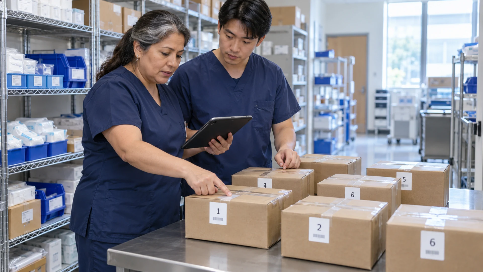 Supply-room staff verify sealed packages against a daily pickup manifest.