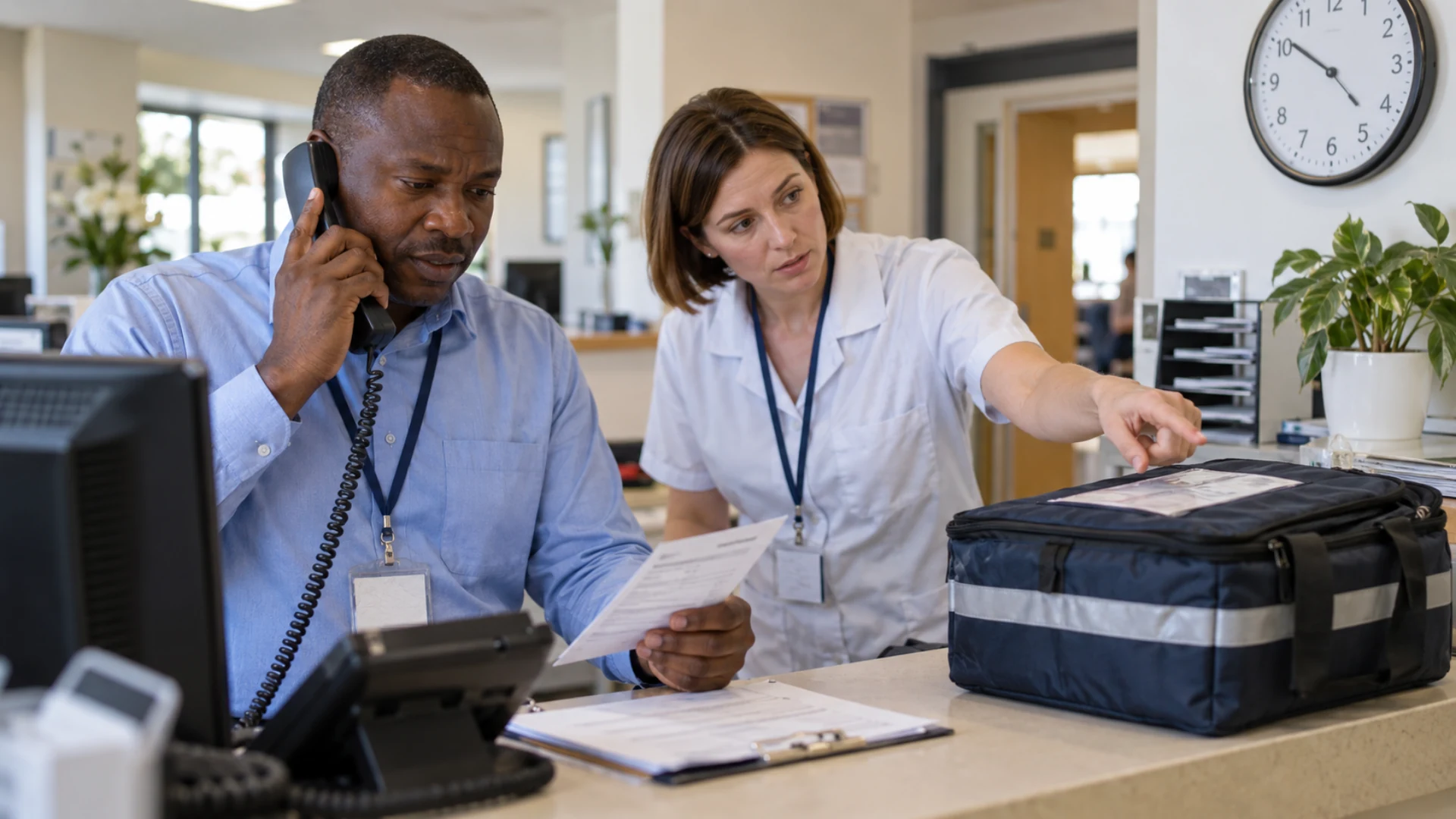 Clinic coordinators discuss a time-sensitive delivery request beside a ready transport bag.