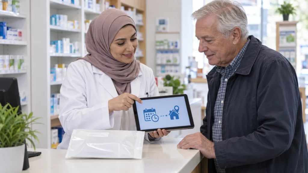 A pharmacist and customer review a home-delivery receiving window at a pharmacy counter.