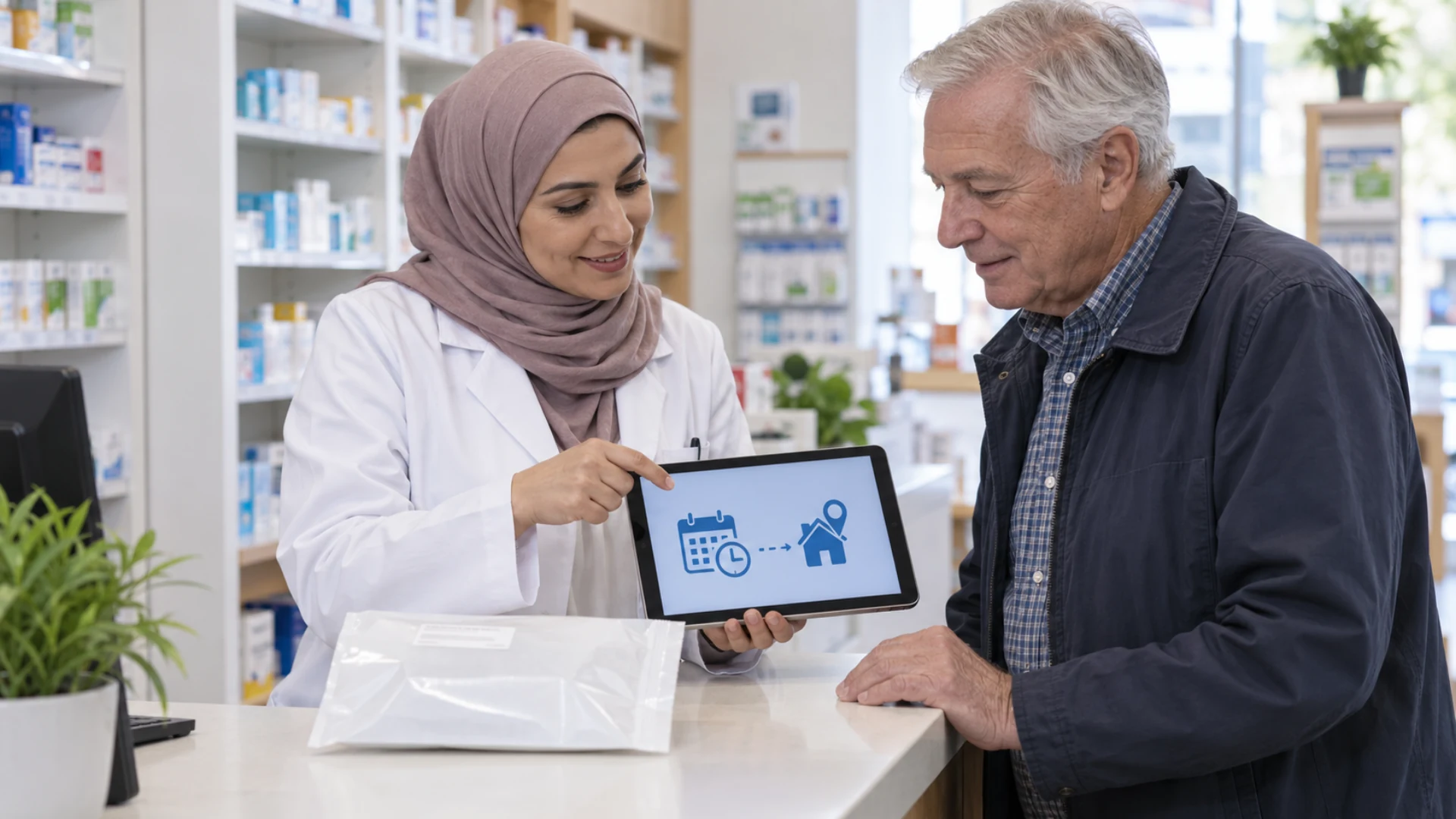 A pharmacist and customer review a home-delivery receiving window at a pharmacy counter.