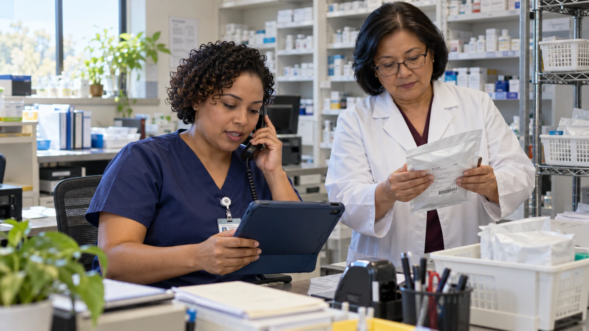 Pharmacy staff confirm recipient coordination while preparing a sealed delivery pouch.