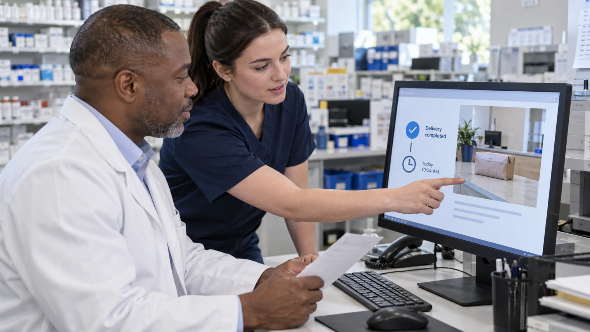Pharmacy staff review a recorded completion event and package handoff photograph.