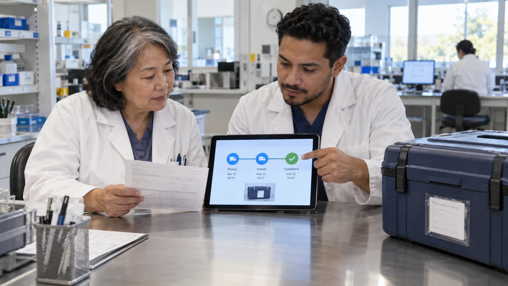 Laboratory staff match a pickup and completion timeline to the closed transport case reference.
