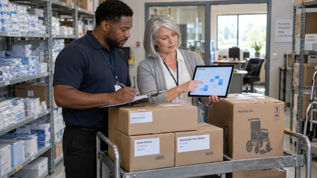 Medical supplier staff compare staged shipments with customer receiving appointments.