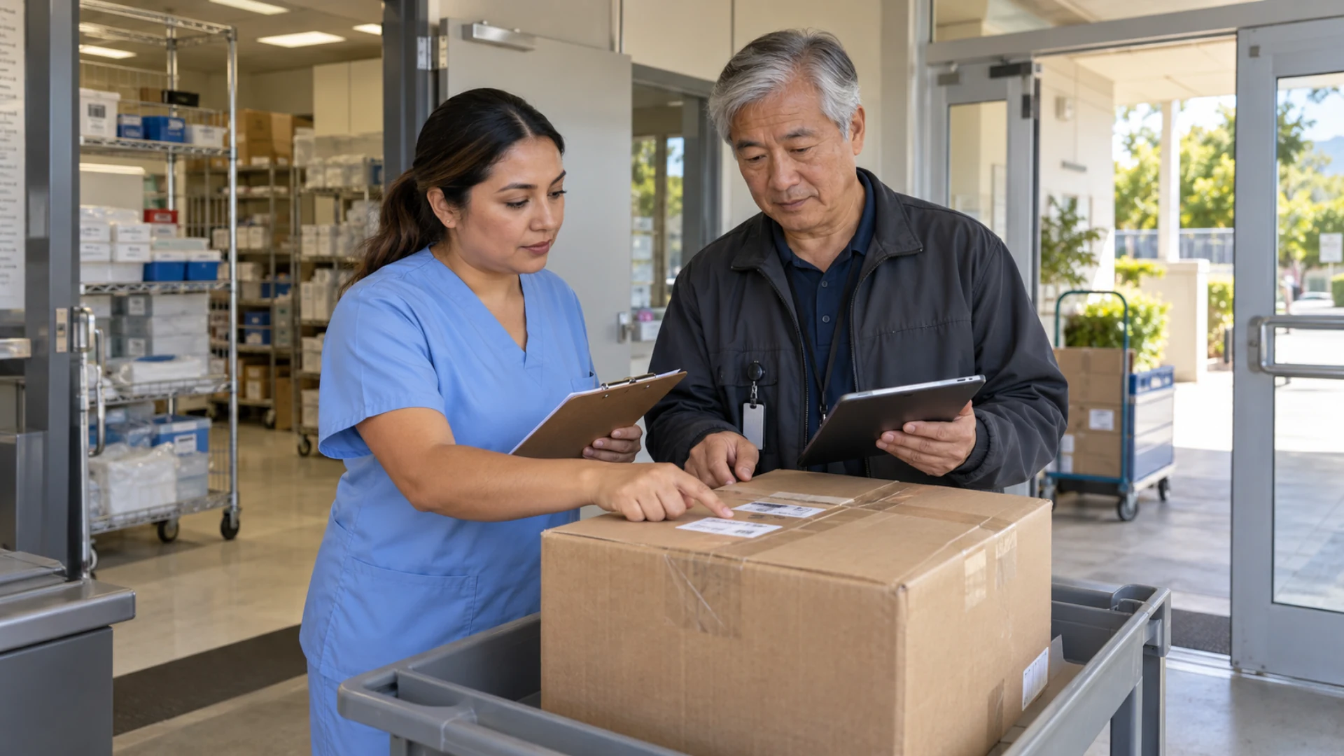 Clinic receiving staff verify a sealed supply carton and its receiving instructions.