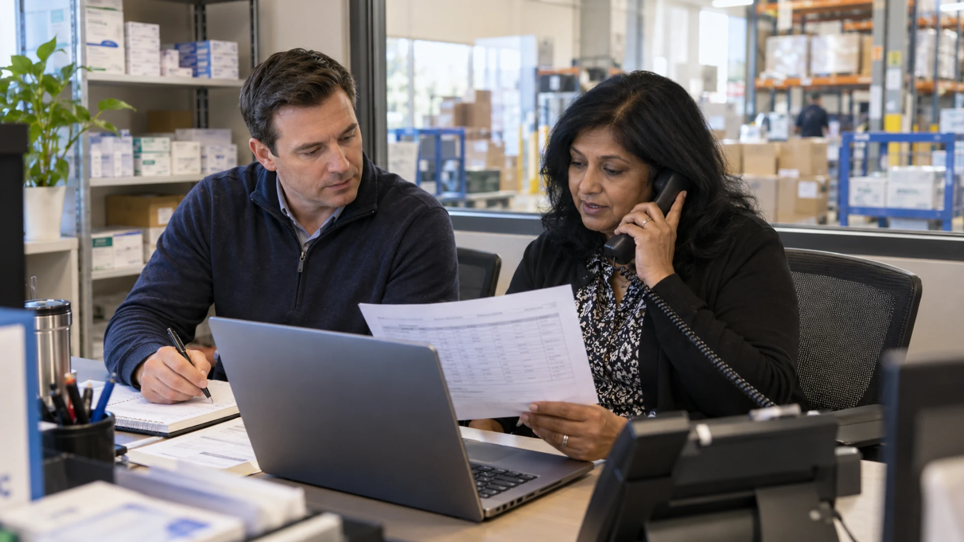 Medical distributor staff confirm customer receiving windows by phone and update their planning notes.