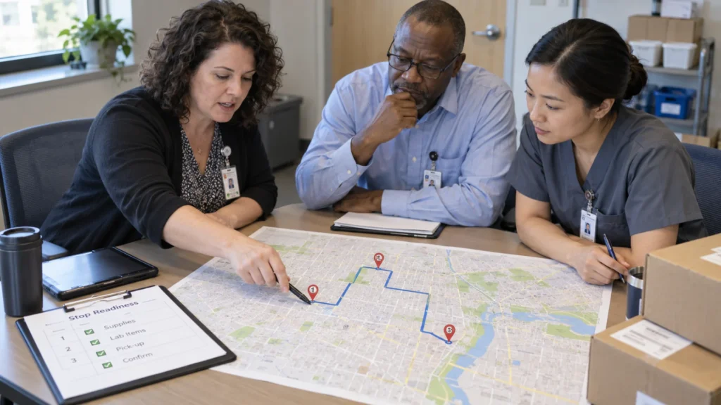 Healthcare coordinators plan three nearby care-site handoffs on a local city street map.
