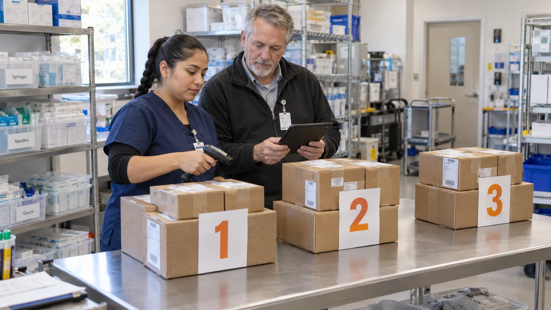 Clinic staff group sealed packages by three planned stops and confirm the package references.