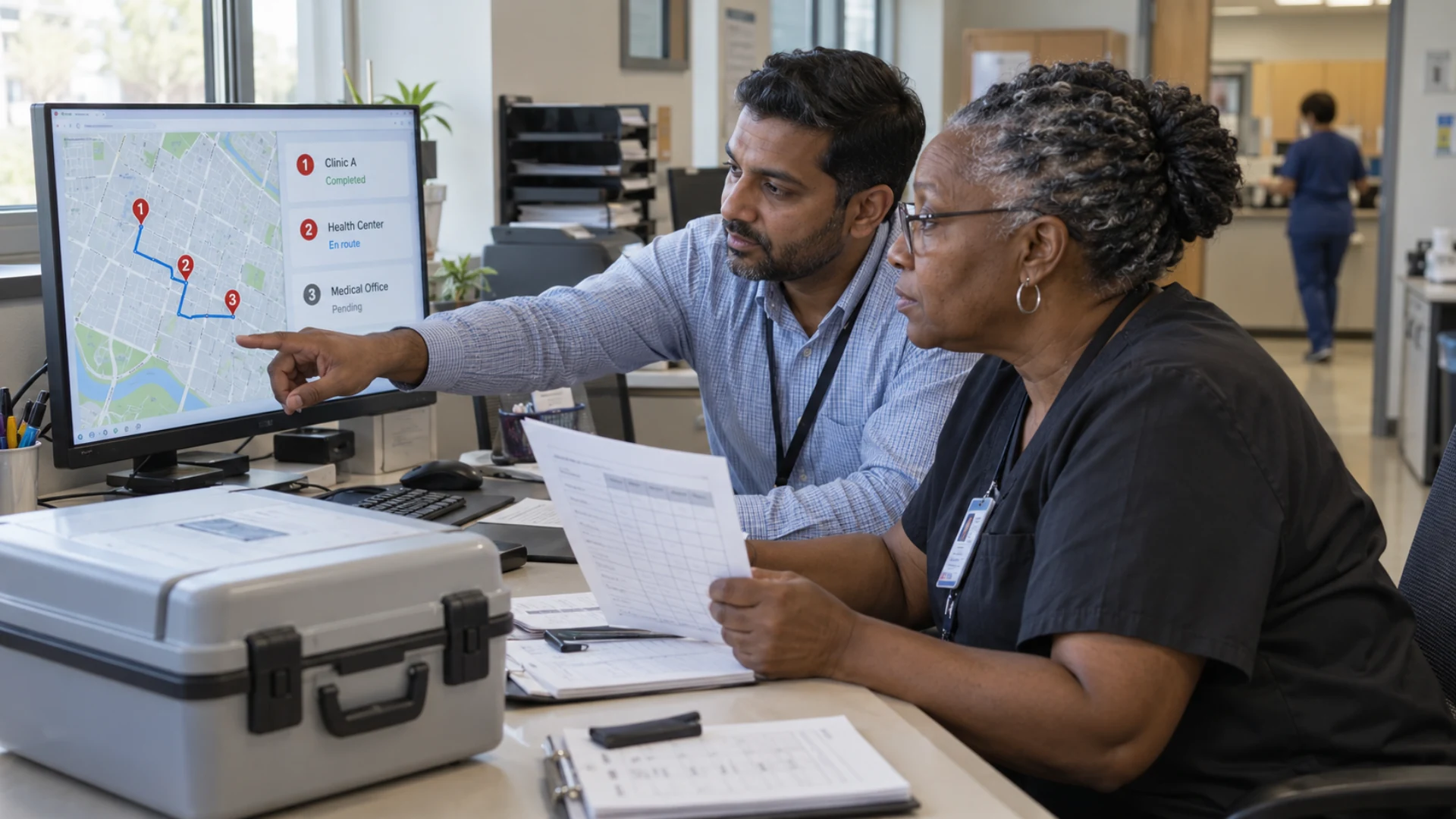 A route coordinator and receiving manager review local stop progress and receiving windows.