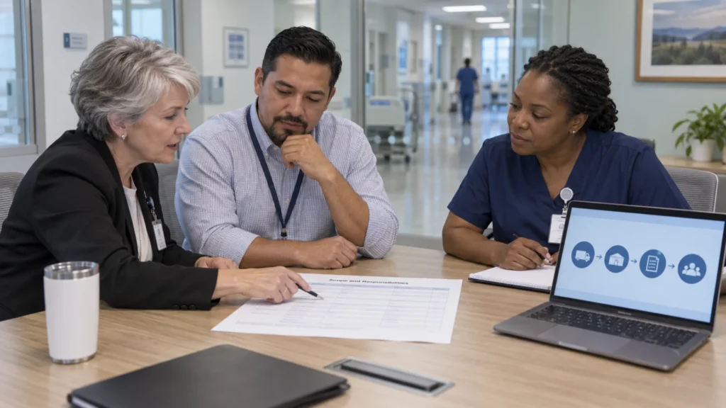 Hospital operations, procurement, and nursing managers review delivery scope and responsibilities.
