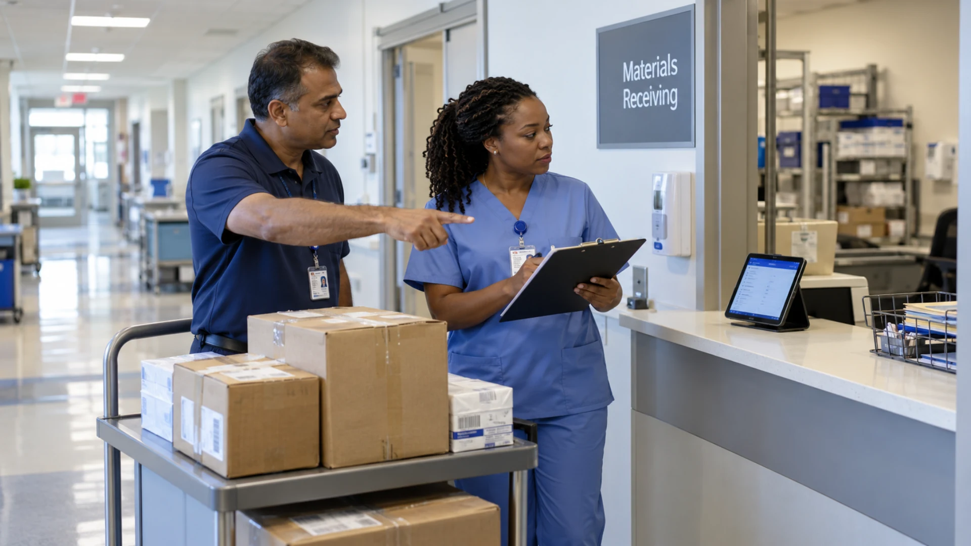 Hospital staff confirm the intended receiving counter and handoff instructions.
