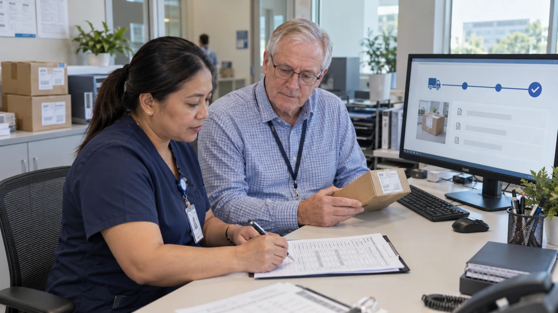 Hospital service staff review first-week observations against a completed delivery record.