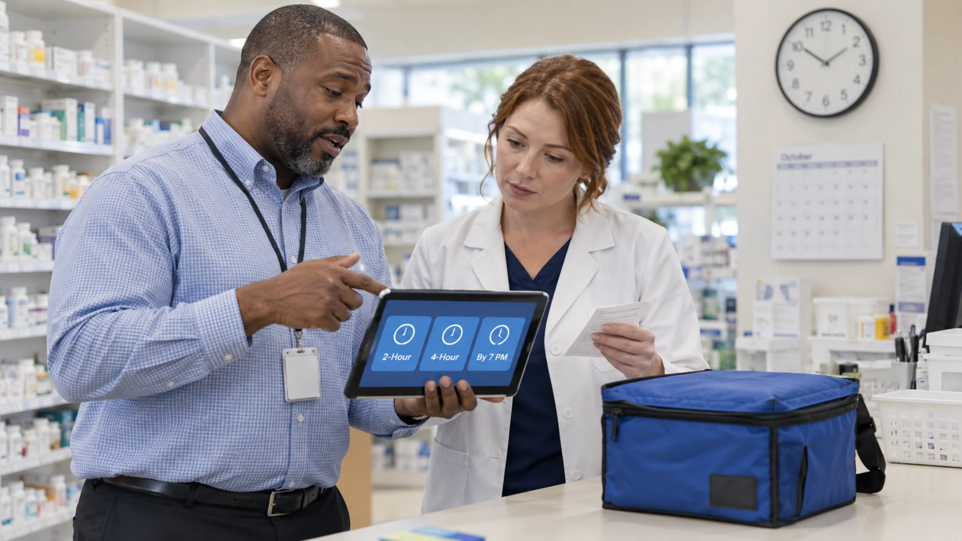 Pharmacy staff compare two-hour, four-hour, and end-of-day timing options beside a prepared delivery pouch.