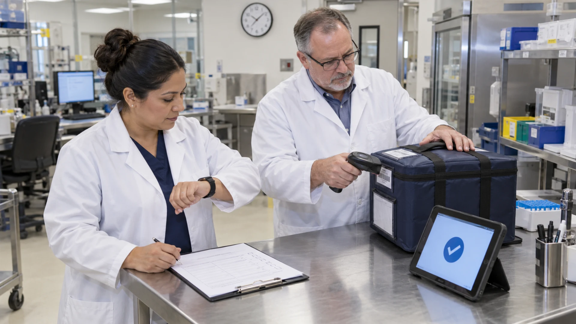 Laboratory staff confirm package readiness and its pickup reference before requesting time-sensitive service.