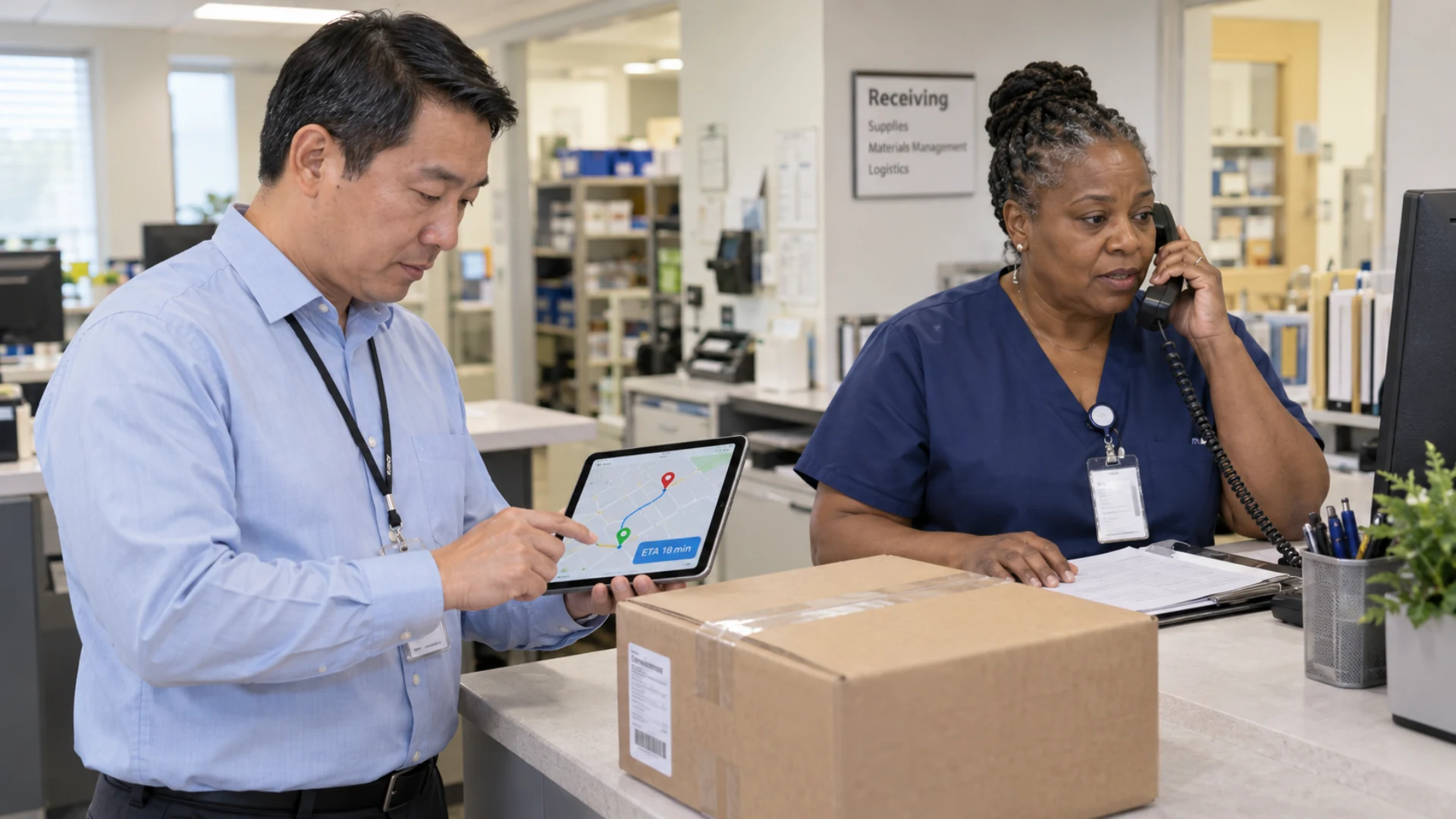 Hospital receiving staff confirm a local delivery window and nearby destination details.