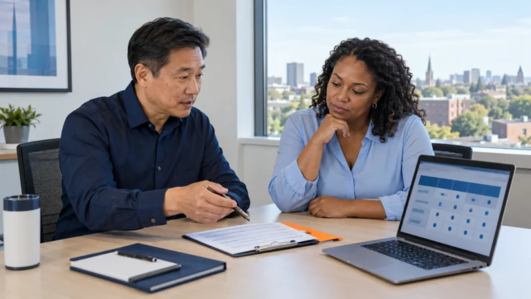 Healthcare procurement and operations managers discuss a courier service scope beside a laptop.