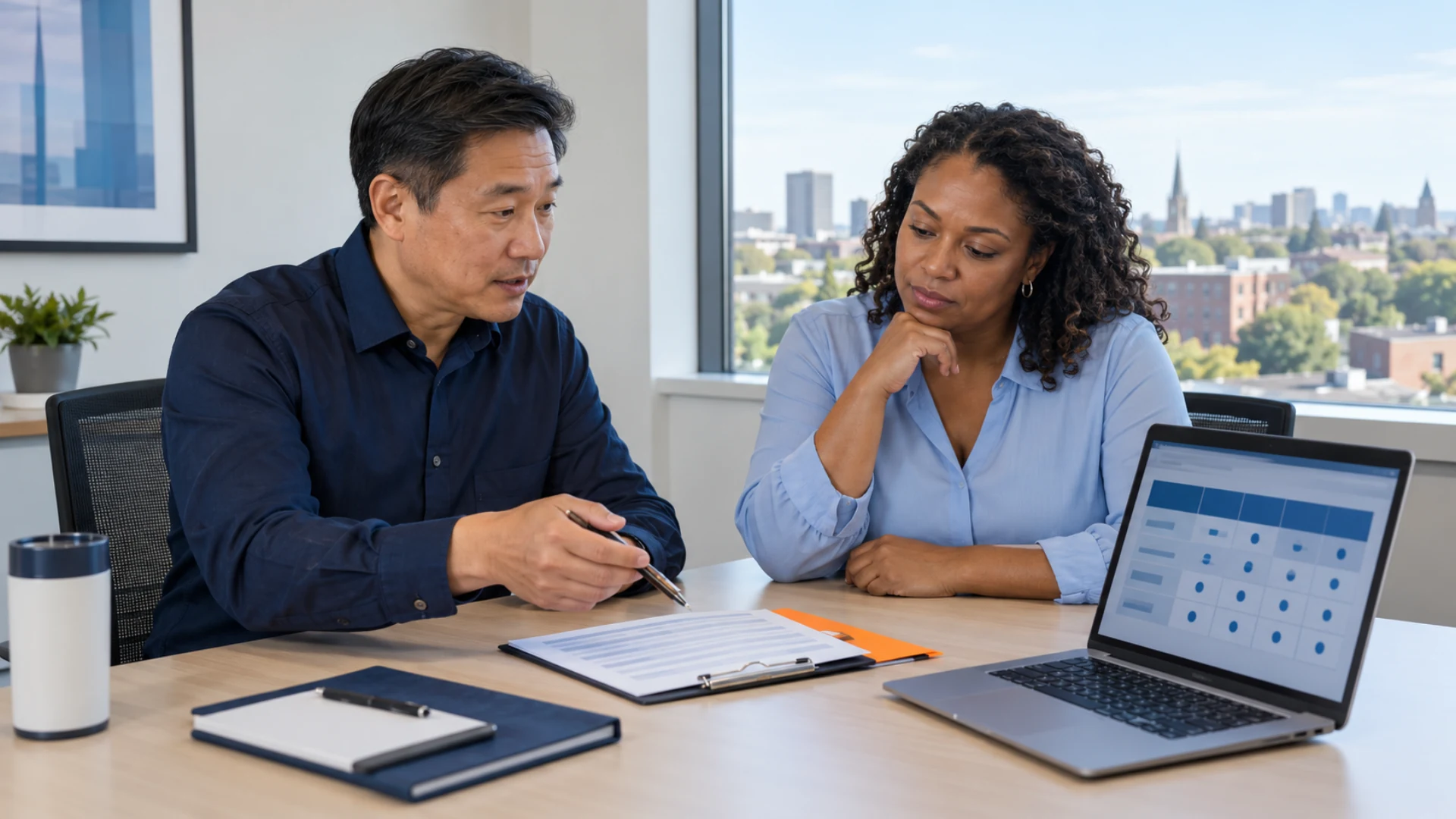 Healthcare procurement and operations managers discuss a courier service scope beside a laptop.