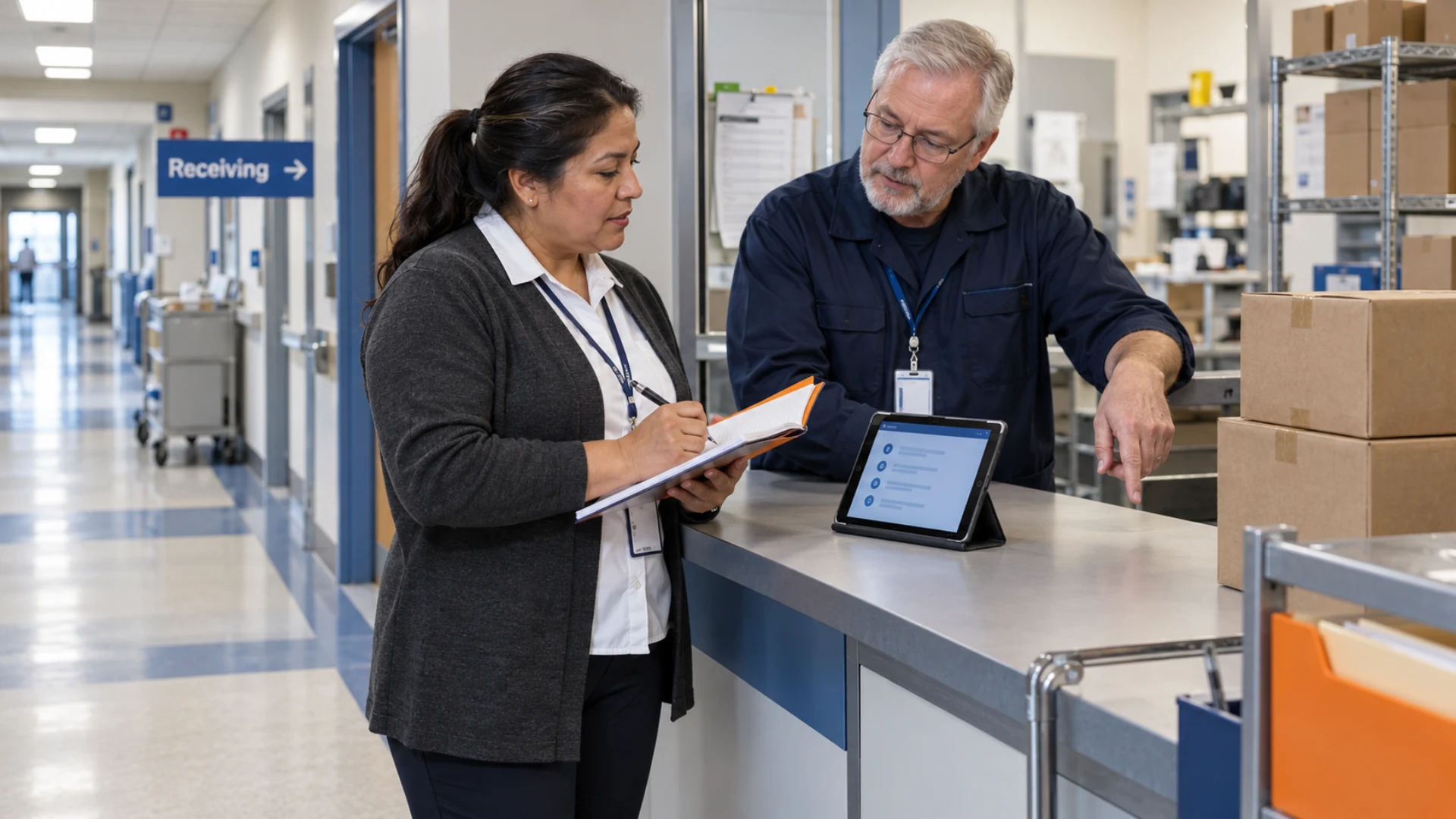 Hospital facilities and receiving staff review the designated delivery handoff counter.