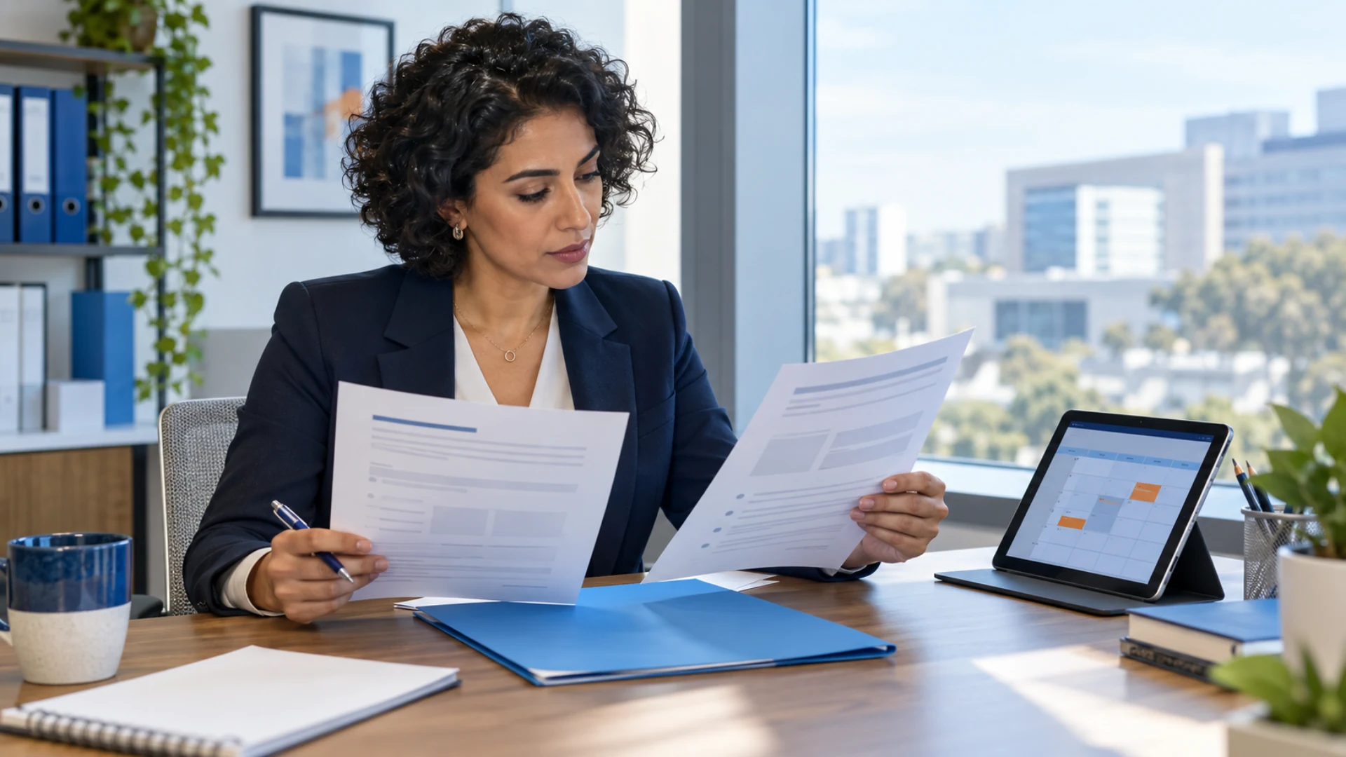 A procurement analyst compares two courier proposal documents beside a calendar tablet.